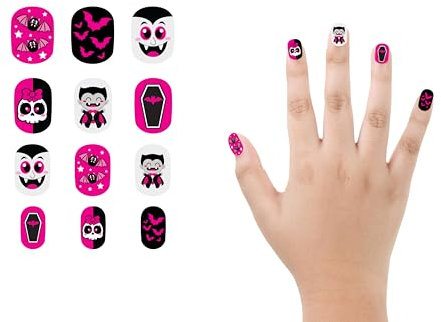 FIESTAS GUIRCA | Unghie Finte Bambini con Adesivo (12 Pz) - Design Vampiro per Halloween e Feste in Maschera - Accessori di Trucco Bambini Unisex - Rosa, Nero