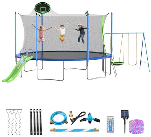 Lyromix 12FT Trampoline with Slide and Swings, Large Outdoor Trampoline with Basketball Hoop, Ladder, Light and Net, Capacity for 5-7 Kids and Adults