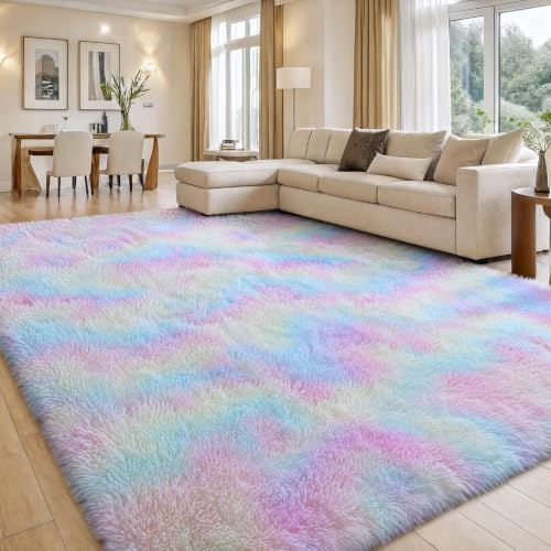 smiry Hochflor Teppich Wohnzimmer, 140x200cm, Regenbogen | Waschbar Anti-Rutsch Moderner Flauschiger Kuscheliger Teppich für Wohnzimmer, Schlafzimmer, Kinderzimmer