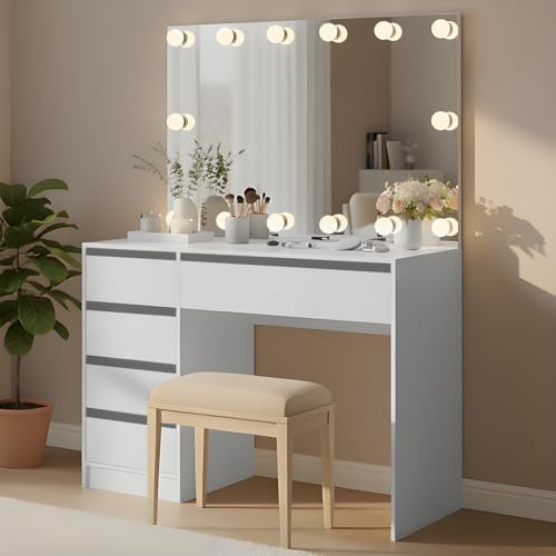 Bellamio Nore Schminktisch Weiß, Hollywood Spiegel, LED-Glühbirnen, Touch | Kosmetiktisch, großer Frisiertisch 110x77x53 cm, Make Up Tisch, 5 Schubladen, 3 Farbstufen, Touch-Sensor, LED-Beleuchtung