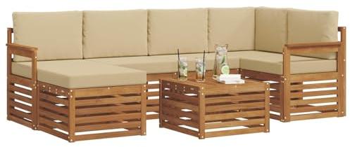 vidaXL Sofagarnituren 7 pcs Natur und Beige Massivholz Akazie, Gartenmöbel, modernes Sofa für draußen, modulare Loungemöbel, langlebige Terrassensitze und Komfort