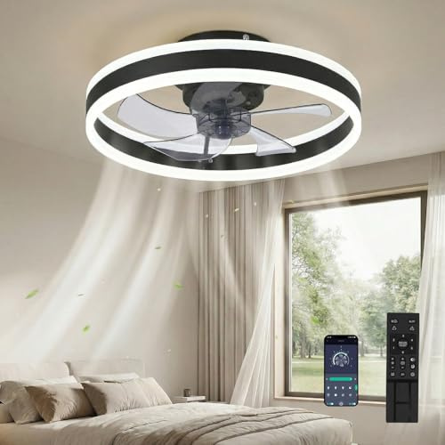 DATO Ventilador de techo con luz, 3 temperaturas de color y 6 velocidades, control remoto/app, silencioso y regulable (Negro, 50CM)