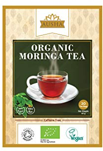 Ausha Organic Moringa Tea Bags - 40 Bags - Caffeine Free - UK Certified Organic by Soil Association - Source of Protein, Amino Acids, Antioxidants, Dietary Fibre, Vitamins & Minerals - Oleifera Leaf