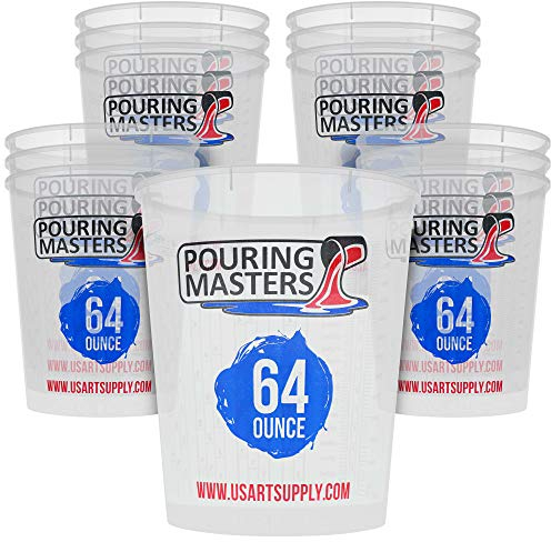 Pouring Masters 64 Ounce (2000ml) Graduated Plastic Mixing Cups (Box of 12) - Paint Mixing Cups for Epoxy Resin, Art, Kitchen, Baking - Measurements in OZ and ML, 4 Different Measuring Ratios 1:1