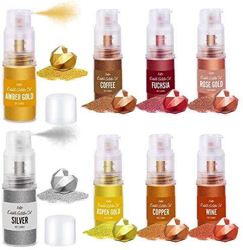 Essbarer Glitzer 8 Farben - Essbarer Glitzerpulver Glitzerstaub in Sprühflasche für Getränke, Kuchen, Lebensmittel - Metallisch Glitzerpuder Lebensmittelfarbe Pulver zum Cocktails,Wein,Fondant,Keksen