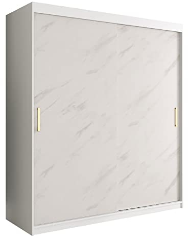 Mirjan24 Kleiderschrank Kamoga T, Schwebetürenschrank mit 2 Kleiderstangen, Marmor Optik Muster, Schiebetürenschrank für Schlafzimmer, Garderobe (Modell 180, ohne Schubladen, Weiß/Marmor Weiß + Gold)