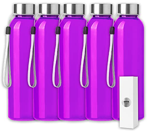 ShyaWorld Botella De Cristal para Agua con Cordón 500ml de Acabado Transparente Tapón de Rosca en Acero Inoxidable. Cajas Individuales por Botella (5 Unidades, Rosa)