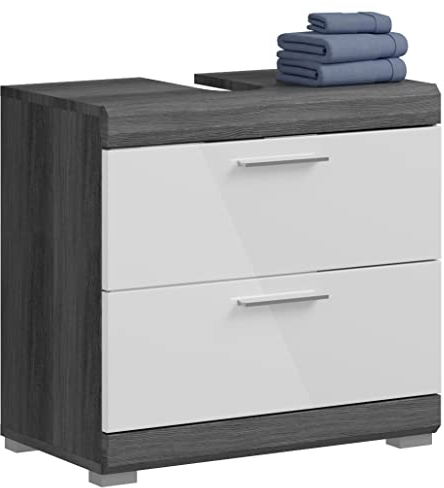 Newroom Waschbeckenunterschrank Rauchsilber Weiß Hochglanz Badschrank Modern - 60x56x34 cm (BxHxT) - Standschrank Badezimmermöbel - [Lanzo.Four] Bad Badezimmer