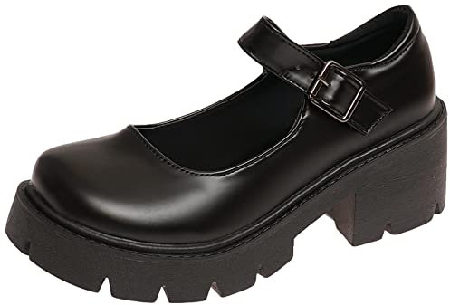 rismart Women's Platform Mary Jane Chunky Heel Round Toe Ankle Strap Lolita Shoes (Black,5.5 UK)