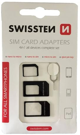 Swissten 4 in 1 SIM Adapter - NanoSIM auf MicroSIM Adapter, MicroSIM auf Standard-SIM-Karte, NanoSIM auf Standard-SIM-Karte - Kompatibel mit Allen Smartphones und Tablets