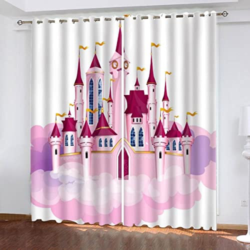 NUYSP Prinzessin Magisches Schloss Vorhang Blickdicht B 110 X H 95 cm Polyester Vorhänge mit Ösen Gardinen 3D Rosa Verdunkelungsvorhang für Kinderzimmer Schlafzimmer