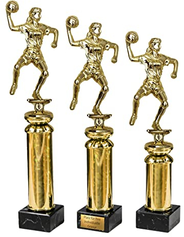 eberin · Handball Damen Pokal mit Gravur/Wunschtext · Handballturnier Cup · Gold Handballerin mit Ball auf Goldsäule/Marmor · Pokal in 3 Größen erhältlich ·· (31,9 cm)