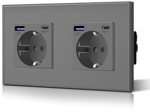BSEED Schuko Wand Doppelt Steckdose mit 20W USB & Typ C Schnellladegerät Glas 3 in 1 Unterputz Wandsteckdose Ladeleistung und USB C Adapter Aufladestation, Einfache Installation Grau