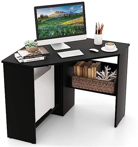 SFAREST Triangle Corner Table, 90° Wooden Computer Desk with Open Shelf and Cable Management Holes, Space Saving Compact Study Workstation for Bedroom Living Room Office (Black)