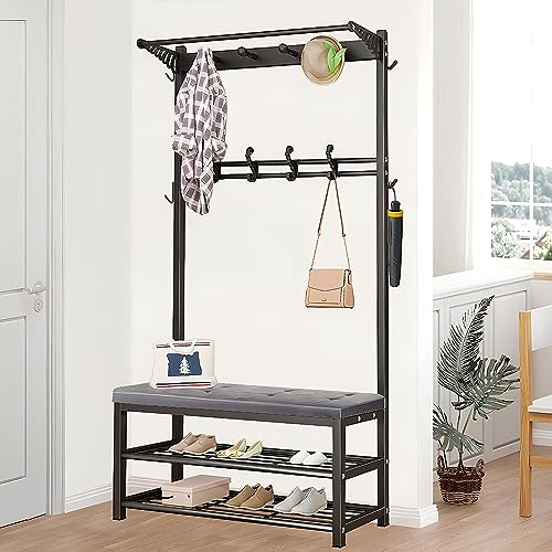 Dkjdssek 4 in 1 Garderobe mit Sitzbank, Garderobenständer mit Schuhregal und 14 Hakens, Metall Garderobenständer mit 2 Ablagen, Kleiderständer Garderoben, für Flur Wohnzimmer 100X33X170CM