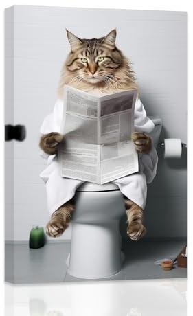 ZXHYWYM Katzen Badezimmer Leinwanddruck Katze auf Toilette Bild süßes Katzen Badezimmer Poster lustige Badezimmer Schilder mit Tieren Waschraum Toiletten Dekoration mit Rahmen (30.00 x 45.00 cms)
