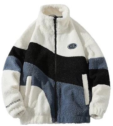 Aelfric Eden Herren Fleece Winterjacke Damen Warm Fleecejacke Stehkragen Zip Farbblock Wintermantel Sherpa Jacken mit Taschen Outwear Weiß, M