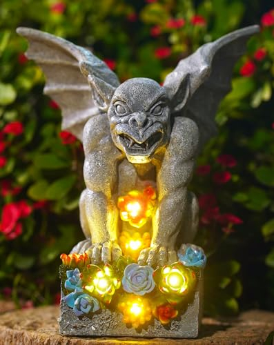 Yeomoo Gargoyles Figuren mit Solarlampen Gartendeko für Draußen: Gargoyle Figur mit Sukkulenten Solar Lichterkette Geschenke für Männer Frauen Mutter Wetterfest Balkon Deko Wohnzimmer Terrasse 22.5CM