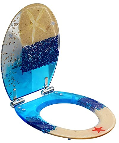 Ocean Series Langsam schließender Toilettensitz aus Kunstharz mit Bezug, 3D-Effekte, robuster Toilettendeckel mit Delfinen, Seesternen, echten Muscheln und Sand für Toiletten vom Typ U/V/O (