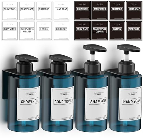Anhow 4er 300ml Seifenspender Wandbefestigung Set Duschgelspender Seifenspender Wand Ohne Bohren mit Trichter und Wasserdichten Etiketten für Küche Bad Handseife Shampoo Spülmittel Duschgel, Blau