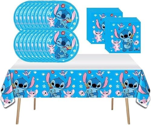 41pcs Birthday Party Supplies 20 Plates + 20 Napkin + 1Tablecloth for Stitch-themeBirthday Party Decorations, for Girls and Boys