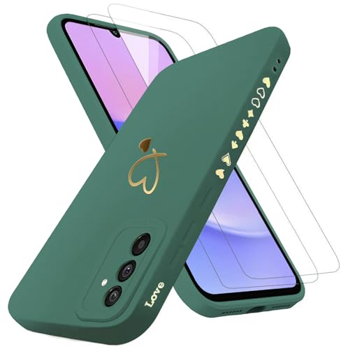 Handyhülle für Samsung Galaxy A15 5G/4G Hülle mit 2 Stück 9H Panzerfolie Schutzglas, Samsung A15 5G Hülle Fashion Gold Herz Muster Kameraschutz Weich TPU Silikon Schutzhülle Case Hülle - Grün