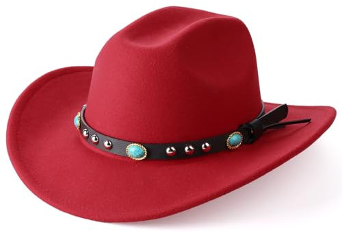 Nickoler Western-Cowboyhut für Damen, breite Krempe, Filz-Cowboyhut, Filzhut für Damen, Westernhut, Rot/Ausflug, einfarbig (Getaway Solids), S/M