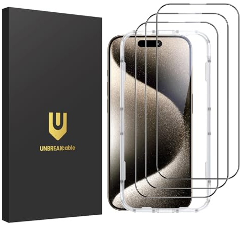 UNBREAKcable 3-Pack for iPhone 15 Pro Screen Protector, Double Shatterproof Tempered Glass [1:1 Full Coverage] [Easy Installation Frame] [9H Hardness] [HD Clear] [Case Friendly] for Apple 15Pro 6.1”