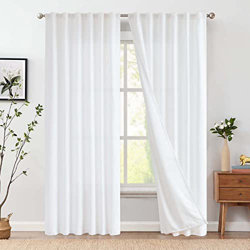 Vangao Gardinen Leinen Vorhänge mit Futter 140Bx225H(cm) Länge für Wohnzimmer Schlafzimmer Landhausstil Bauernhaus Modern Lichtfilterung Fenster Vorhang mit verdeckten Schlaufen 2 Panel Weiß