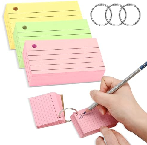 Yolistar 300 Blätter Karteikarten A8,Karteikarten mit Ring-Beidseitig beschreibbar,Flashcards Bunt,Karteikarten Liniert Flashcards mit 3 Binderinge für Englisch Vokabeln,Formeln und Notizen