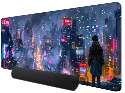 Tapis de Souris Gaming XXL, 900 x 400 mm Tapis de Souris Cyberpunk, Grand Tapis de Bureau sous Main avec Surface Spéciale Améliore Vitesse et Précision, Imperméable Mouse Pad Tokyo pour Gamer, F-1