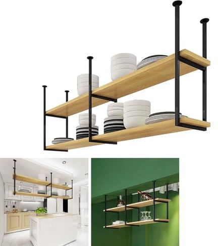 Étagère murale en métal à suspendre pour casseroles et poêles avec 2 niveaux en bois et porte-vin noir - Design flottant pour maison, bar, salle à manger - 110 x 30 x 80 cm
