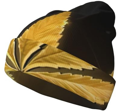 QGWDYYJQ Golden Cannabis bedruckte Strickmütze, warme Fleecemütze, Wintermütze, Wollmütze, Beanie, Schwarz , 5-8