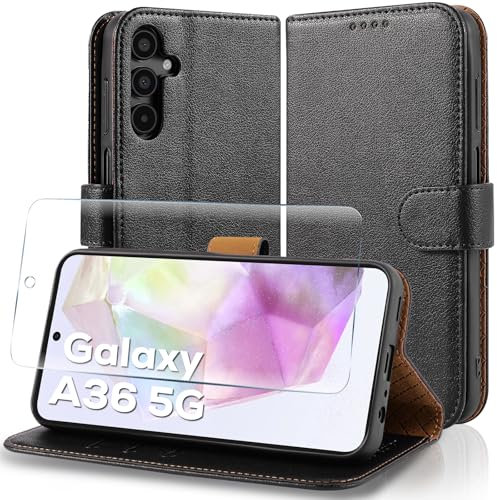 Case Collection for Samsung A36 5G Case and Screen Protector - Leather Folio Flip [Kickstand] Shockproof Cover [RFID Blocking] Magnetic Wallet for Samsung Galaxy A36 5G Phone Case Black