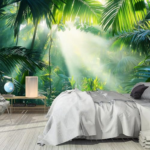 NAWVNMI Murale Autocollante Adhésif Jungle Tropicale 380x280cm - Tapisserie Murale Autocollante Décoration Chambre Salon - Soleil Forêt