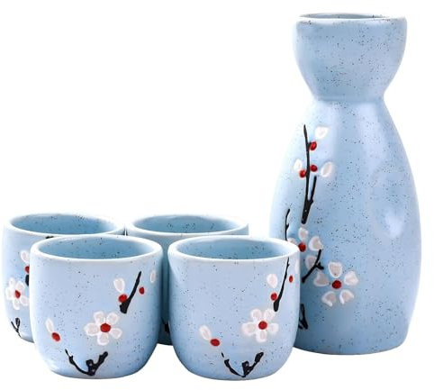 Liwein Set da Sake Giapponese,5 Pezzi Ceramica Tradizionale Porcellana Bicchieri da Vino Dipinti a Mano Fiori di Ciliegio Sake Pot Tazze Artigianale Regalo Set(Blu)