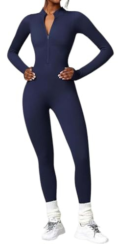 KBOPLEMQ Jumpsuits für Damen Bodysuit Athletischer Einteiler Zip Up Overall Push Up Body One Piece für Yoga Fitness Gym Workout Outfit Sexy Gerippter Rollkragen Jumpsuit mit Reißverschluss