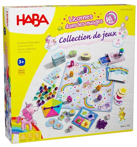 HABA Einhorn Glitzerglück Spielesammlung - 9 abwechslungsreiche Würfel, Brettspiele und Kartenspiele - mit einfachen Regeln - Made in Germany - für Kinder ab 3 Jahren - 2010879002