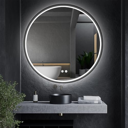 ApeJoy 80cm Badspiegel mit Beleuchtung Rund Schwarz Metall mit Antibeschlag, Badezimmer Runder Spiegel mit Licht, Touch-Schalter, Memory Funktion, LED Weschel 2700-6500K Warmweiß-Kaltweiß-Neutral