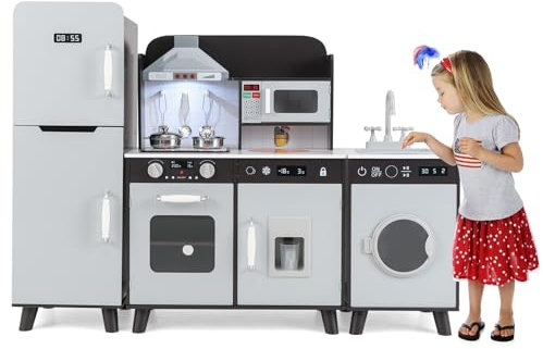 COSTWAY Cocina Juguete Infantil, Cocinita de Madera Infantil 3 en 1 con Refrigerador, Lavadora, Máquina de Hielo, Estufa, Fregadero, Horno, Microondas, Cocina Juguete con Luces y Sonidos (Marrón)
