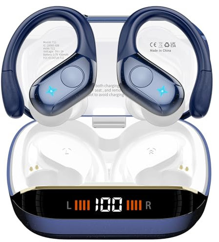 Cuffie Bluetooth, Auricolari Bluetooth 5.4 con Stereo HiFi, 75 Ore Display LED Auricolari Wireless con ENC Mic, IP7 Impermeabili Cuffiette Wireless con Gancio, Cuffie Senza Fili Running, Blu Scuro