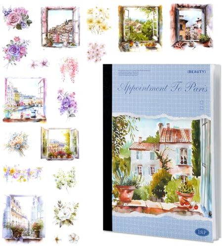 MIANRUII 18 Stück Aquarell Paris Scrapbook Aufkleber Set - Floral Fenster & Scenic Gebäude Abziehbilder für Journaling, DIY Crafts, Planner Dekor (Blau)