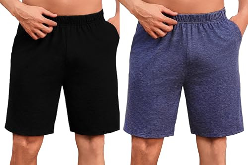 Uniexcosm Pantalones Cortos de Pijama para Hombre Verano Algodón Pantalón Shorts con Bolsillos Casual Ropa de Dormir Negro+Azul Oscuro M