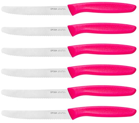 OPOLIA 6er-Pack Frühstücksmesserset in Rosa, Tomatenmesser, PP-Griff | Scharfes Buttermesser, Buttermesser, Brotmesser, 11 cm, Edelstahl
