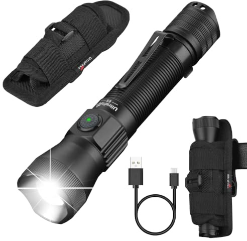 ULTRAFIRE E5 Lampe torche tactique rechargeable avec étui, 1350 lumens, zoomable, avec pochette ceinture, 6 modes, USB-C, pour police, sécurité, forces de l'ordre, camping, E5