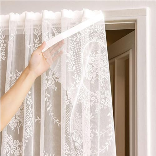 Stick on Sheer Curtains No Drill Self Adhesive Floral Lace Voile Net Panel | White, Light Filtering, Privacy Protection, Easy fit, Breathable, For Living Room Bedroom Kitchen Window Door