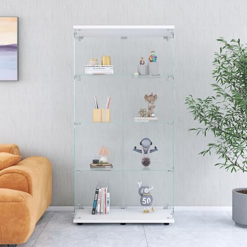Glasvitrine stehend,Staubdicht vorratsschrank,Vitrinenschrank mit 2 Türen 4 Böden und schloss,Glas vitrine, Sammlervitrine,Eckschrank,Vitrine für Wohnzimmer Schlafzimmer (Weiß, 80.5x36.5x164cm)