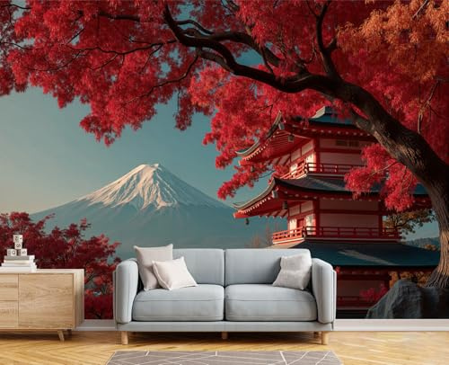 GSAEIMCT Mount Fuji Pagoda Wallpaper, Red Japanese Landscape Painting Wallpaper Mural, Silk Decor Wall Paper, Photo Mural for Room, Hallway, Lounge, 200X140Cm