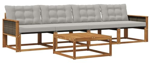 vidaXL Outdoor-Sofagarnitur mit Kissen 5 pcs Natürlich und Hellgrau, Garten, modernes Outdoor-Sofa, Lounge-Set für die Terrasse, stylisches Möbel, bequemes Sitzen