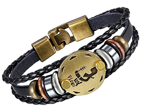 Flongo Lederarmband Horoskop Armband Damen Armkette Herren Armreif, Leder-Armband Armreif Manschette Manschettenknopf Schwarz Gold Golden Horoskop Tierkreis Sternzeichen Sternbild Jungfrau